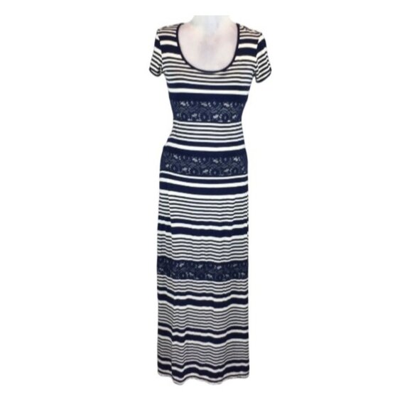 Nurture Striped Maxi Dress With Lace Insets Size L Short Sleeve Scoop Neck - Picture 1 of 6